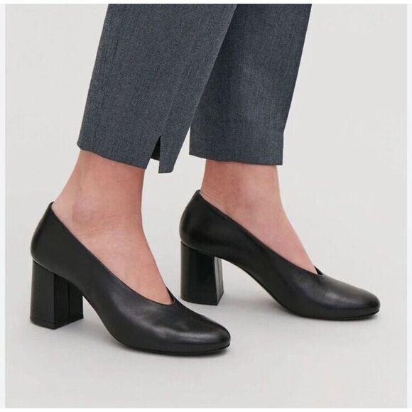 COS Curved Vamp Leather Heels Black Block Heel sz 40 - US 9 - Picture 2 of 14